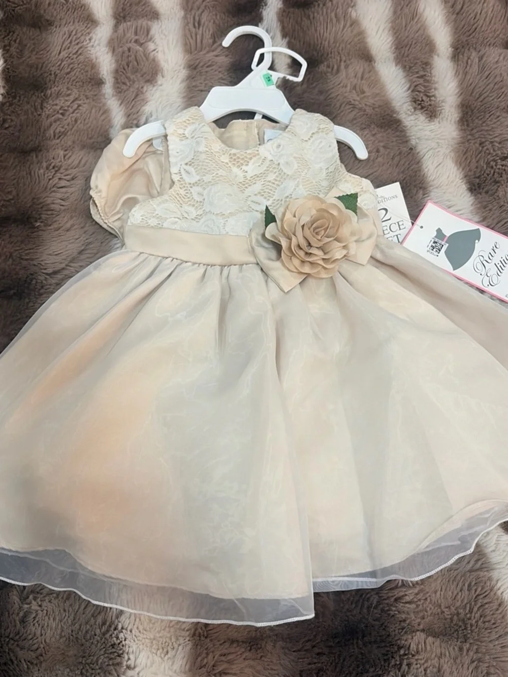 Girls' Cream Lace & Organza Flower Party Dress
